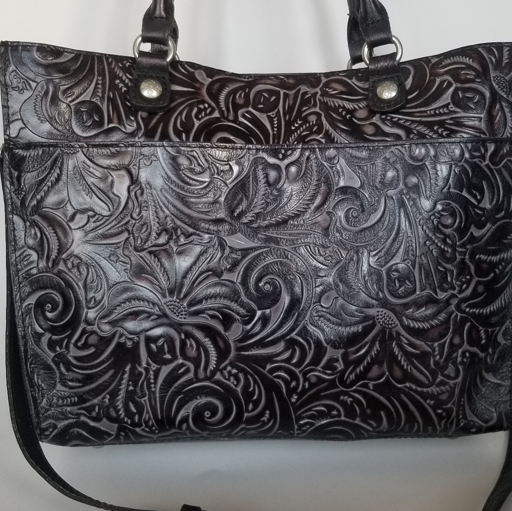 🖤 Patricia Nash Tooled Leather Handbag Black Embossed Tote With Crossbody Strap